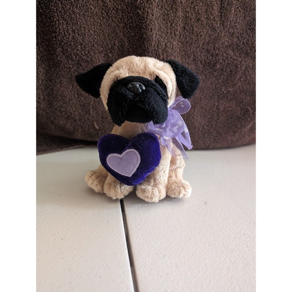 E&J Classic Puggle Dog Plush Stuffed Animal Puppy Beige Puglet Purple Heart Bow - Picture 1 of 8